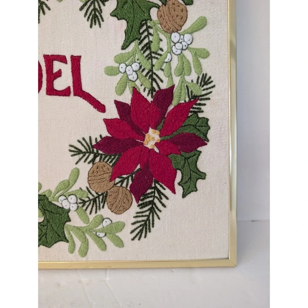 Vintage Christmas Wreath Noel Ribbon Crewel Gold Framed Artwork Holiday Decor